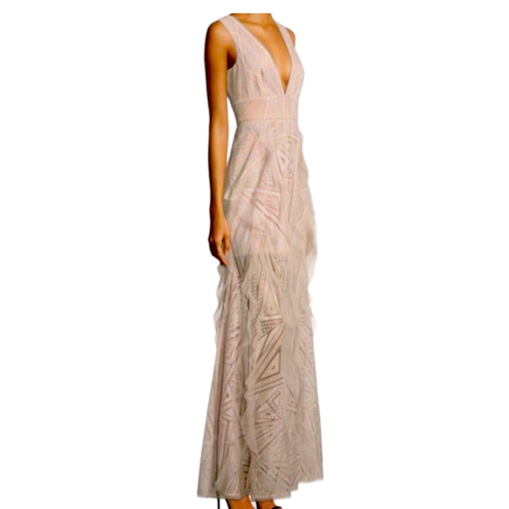 Evening or Formal Dress floor length with neutral tones, tulle and lace